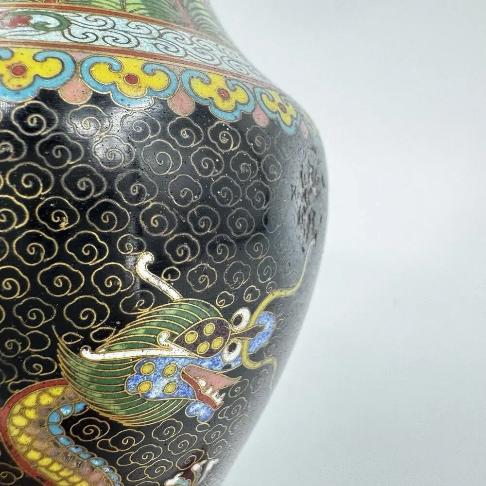 Chinese Cloisonné Floral Vase Double Dragon Black Enameled 6” Vintage Brass Edge